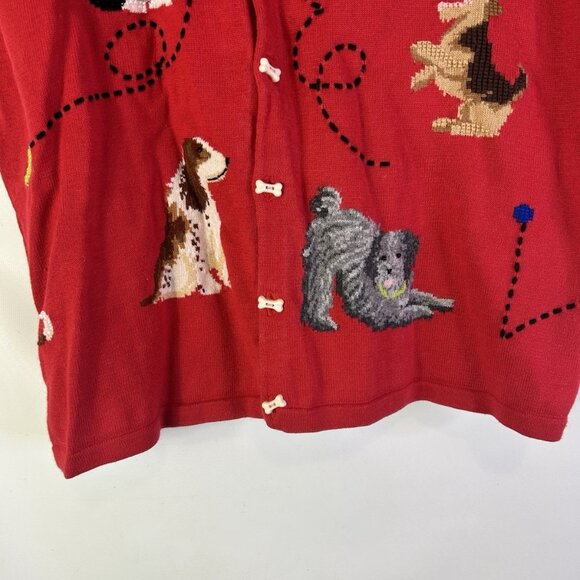 VTG 90s Whimsy Cardigan Sweater Vest Puppy Dog Bone Buttons Novelty - Picture 2 of 8